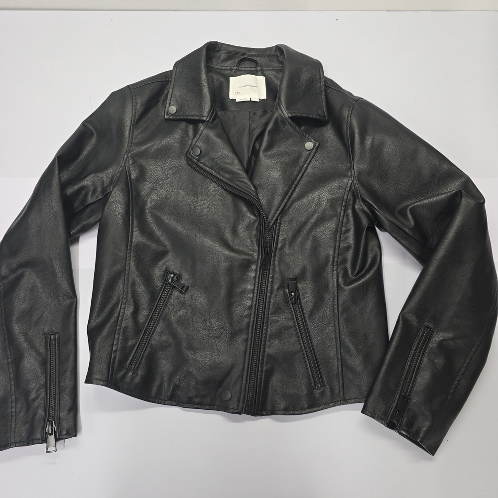 Anthropologie Womens Black Faux Leather‎ Moto Biker Jacket Size Large L